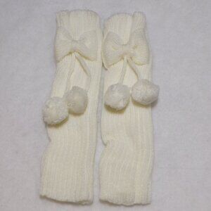 Girls White Ribbed Knit Leg Warmers Pompom Bow 10" NEW